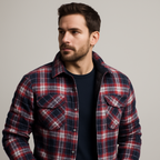 Giacca da uomo in flanella trapuntata - Camicia over a quadri con bottoni a pressione e tasche sul petto per l'autunno e l'inverno