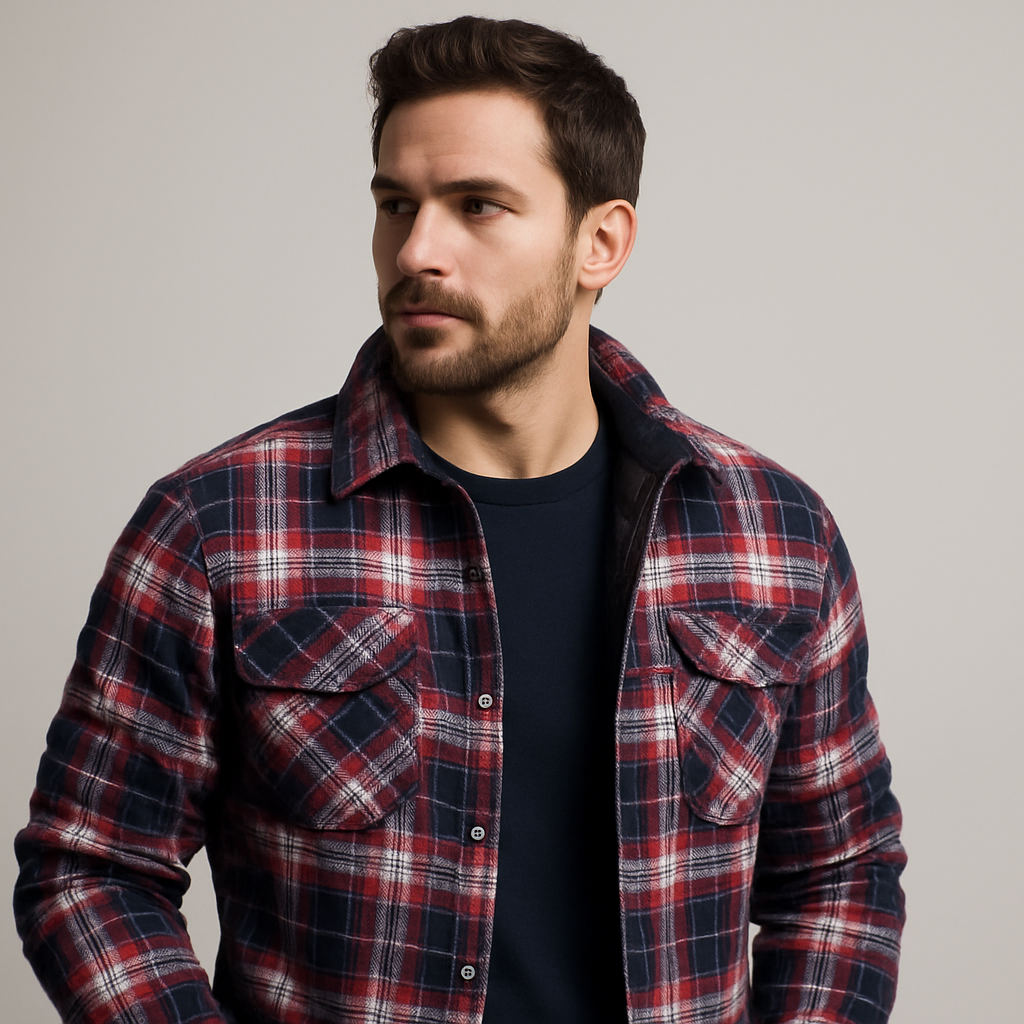 Giacca da uomo in flanella trapuntata - Camicia over a quadri con bottoni a pressione e tasche sul petto per l'autunno e l'inverno