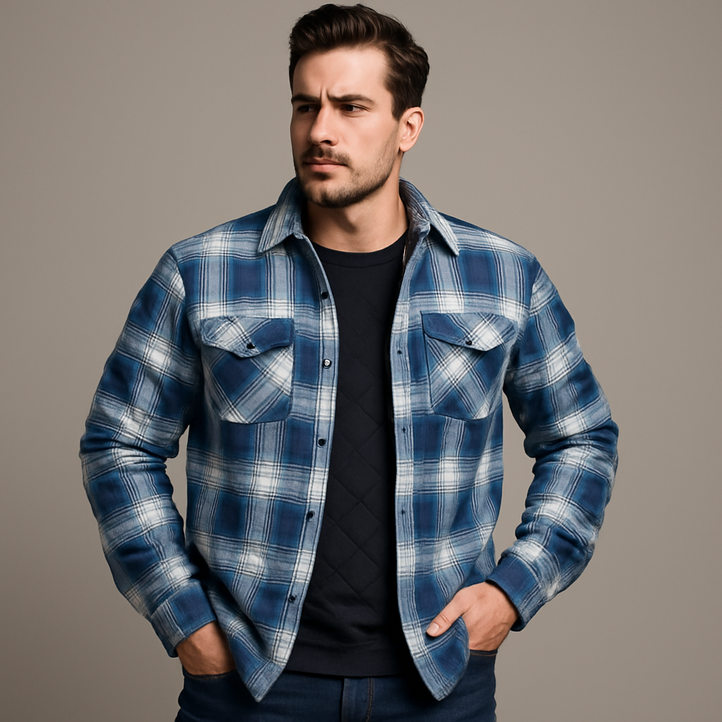 Giacca da uomo in flanella trapuntata - Camicia over a quadri con bottoni a pressione e tasche sul petto per l'autunno e l'inverno