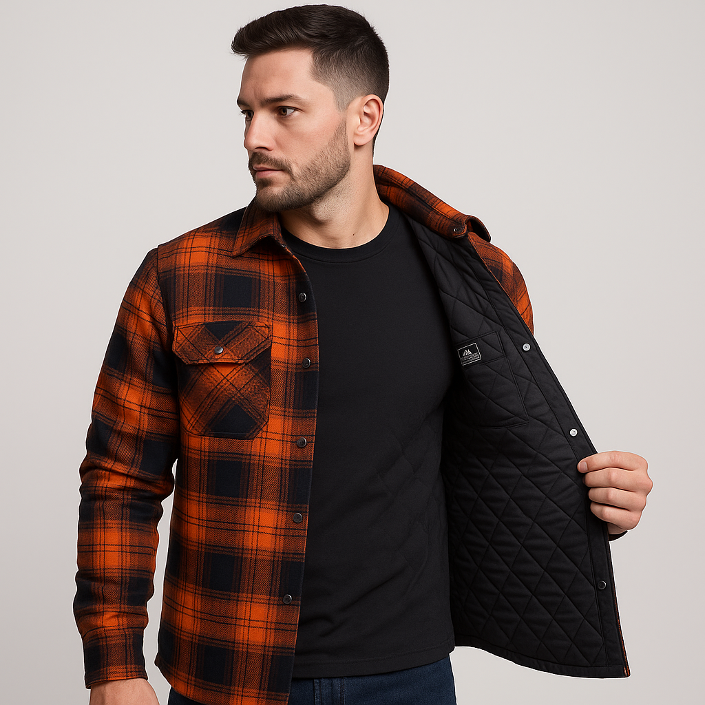 Giacca da uomo in flanella trapuntata - Camicia over a quadri con bottoni a pressione e tasche sul petto per l'autunno e l'inverno