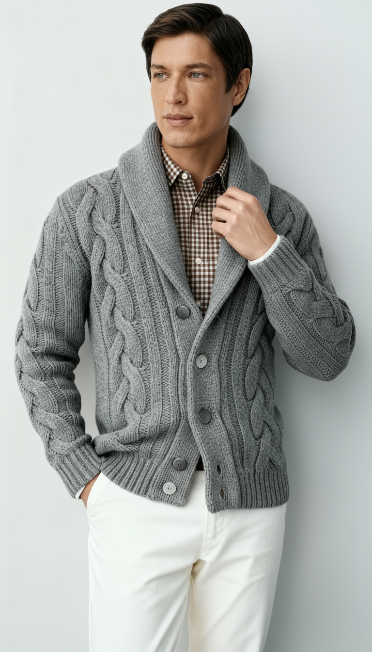 Cardigan en maille torsadée pour homme en mélange de laine – Pull boutonné à col châle