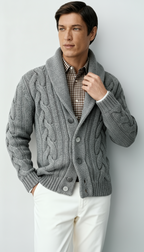 Cardigan en maille torsadée pour homme en mélange de laine – Pull boutonné à col châle
