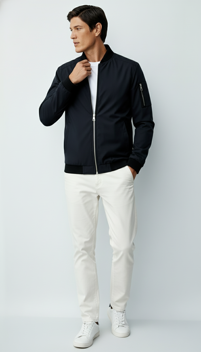 Blouson bombardier zippé pour hommes avec bordures côtelées et poches sur les manches