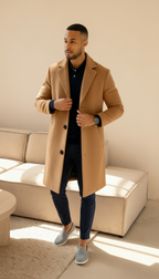 Herren maßgeschneiderter Woll-gefühlt Mantel – Einreihiger mittellanger Mantel mit Kerbkragen