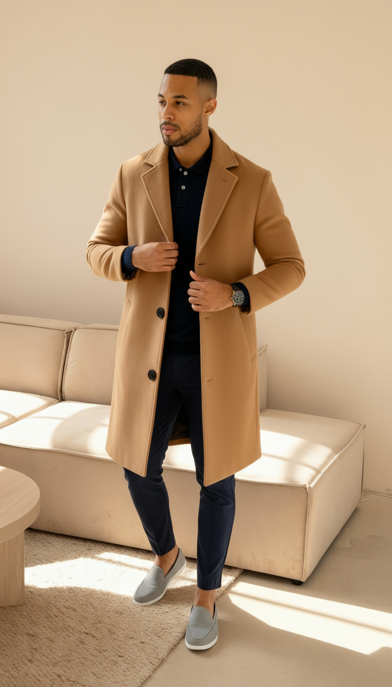 Cappotto sartoriale da uomo effetto lana – soprabito monopetto di media lunghezza con rever a lancia