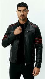 Schwarze Lederjacke für Herren - Biker-Outfit im Wolverine-Stil mit roten Streifen-Akzenten
