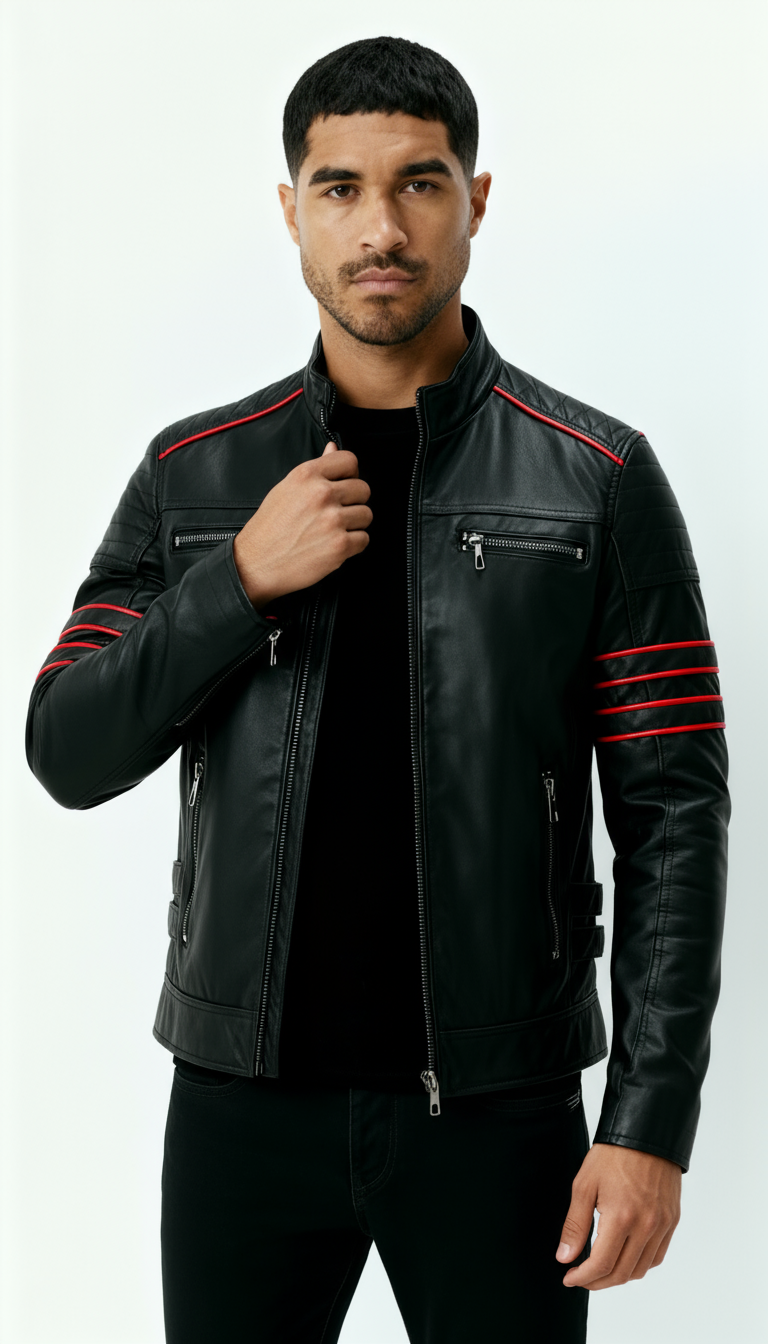 Veste en cuir noir pour homme - Vêtements d'extérieur de motard inspirés de Wolverine avec accents de rayures rouges