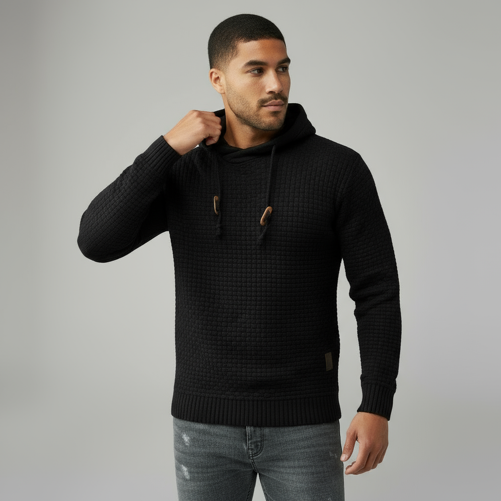 Men’s Textured Knit Hoodie - Adjustable Drawstring Hood & Ribbed Trim