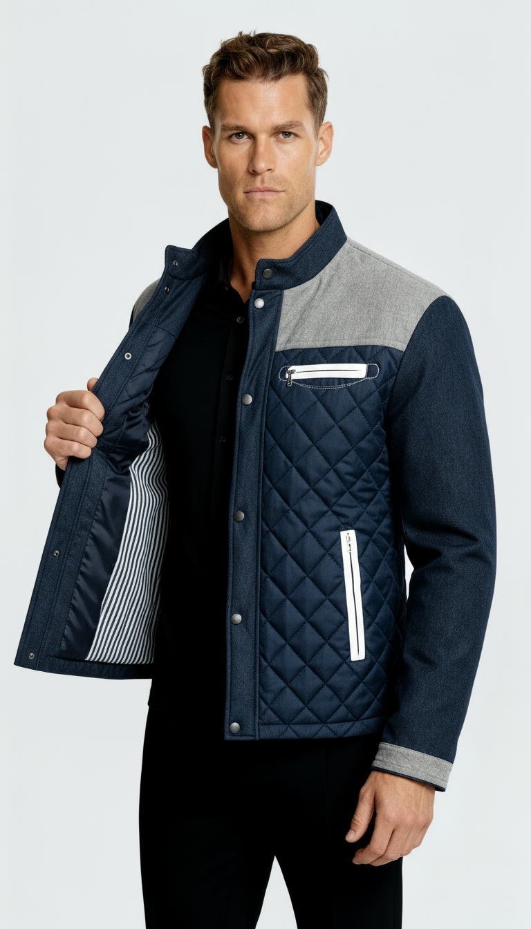 Men’s Quilted Jacket with Stand-Up Collar and Full Zip Front – Lightweight Padded Outerwear for Casual Comfort