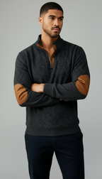 Herren-Pullover mit Knopfleiste - Pullover mit Stehkragen und Ellbogen-Patches