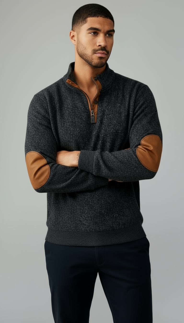 Pull homme à col boutonné - Pull avec col montant et empiècements au niveau des coudes