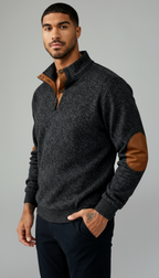 Herren-Pullover mit Knopfleiste - Pullover mit Stehkragen und Ellbogen-Patches