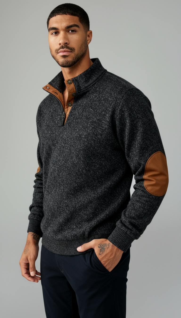 Pull homme à col boutonné - Pull avec col montant et empiècements au niveau des coudes