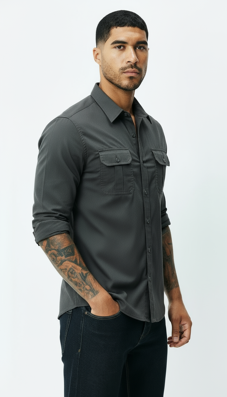 Camicia Utility da uomo - Colletto classico Button-Up con tasche ad aletta - abbigliamento da lavoro elegante e casual con texture