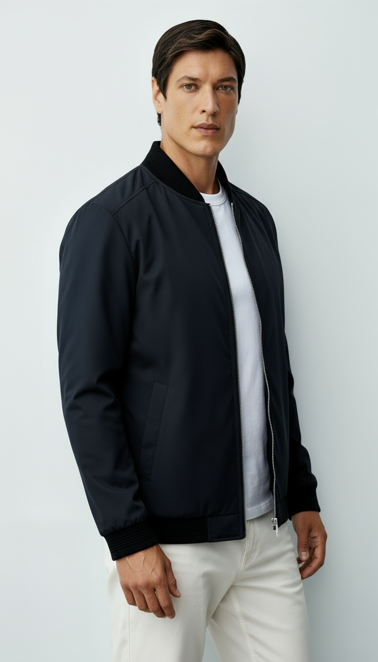 Blouson bombardier zippé pour hommes avec bordures côtelées et poches sur les manches