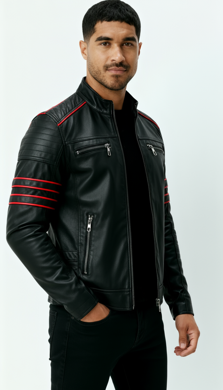 Schwarze Lederjacke für Herren - Biker-Outfit im Wolverine-Stil mit roten Streifen-Akzenten