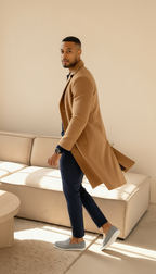 Herren maßgeschneiderter Woll-gefühlt Mantel – Einreihiger mittellanger Mantel mit Kerbkragen