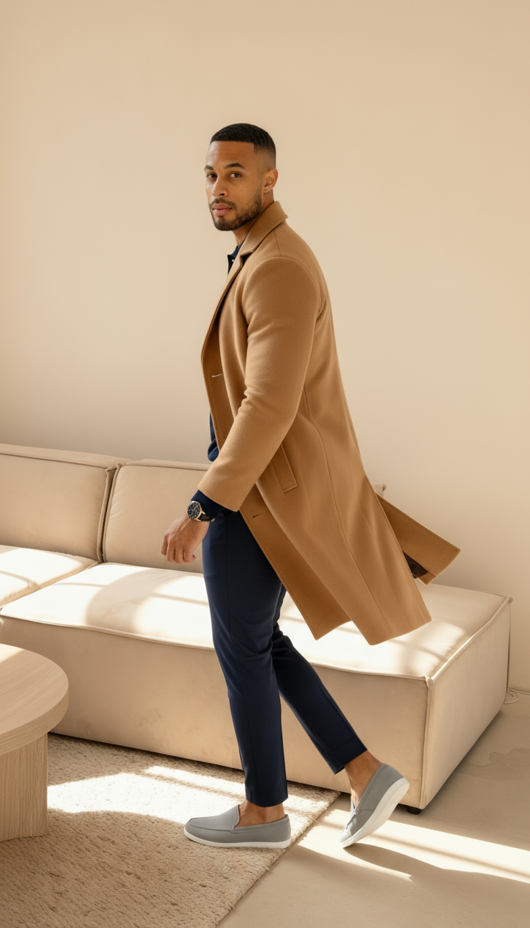 Cappotto sartoriale da uomo effetto lana – soprabito monopetto di media lunghezza con rever a lancia