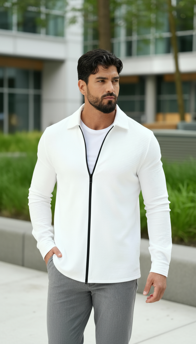 Chemise tissée texturée à manches longues pour homme – Chemise décontractée à fermeture éclair devant coupe régulière