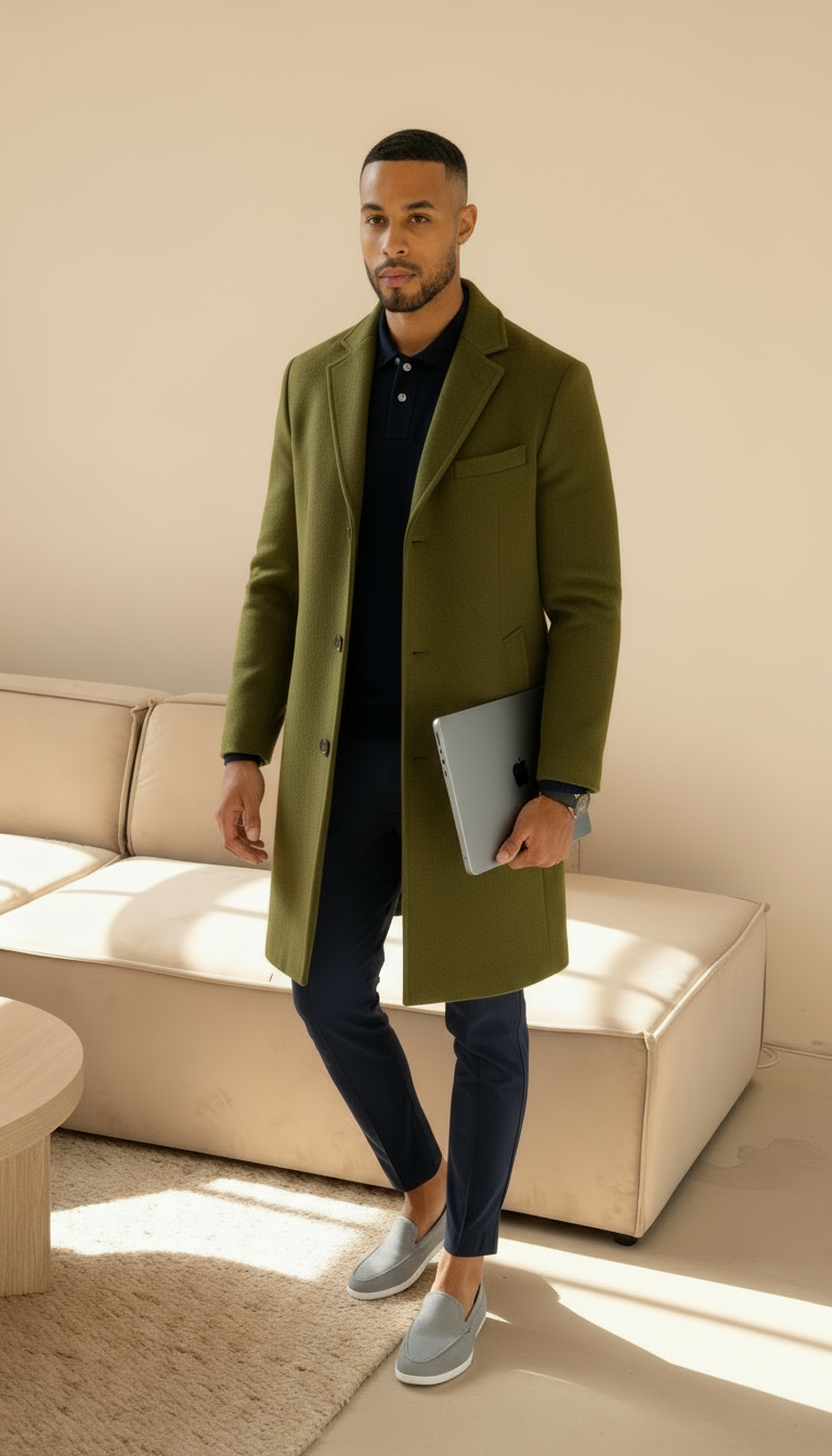 Cappotto sartoriale da uomo effetto lana – soprabito monopetto di media lunghezza con rever a lancia