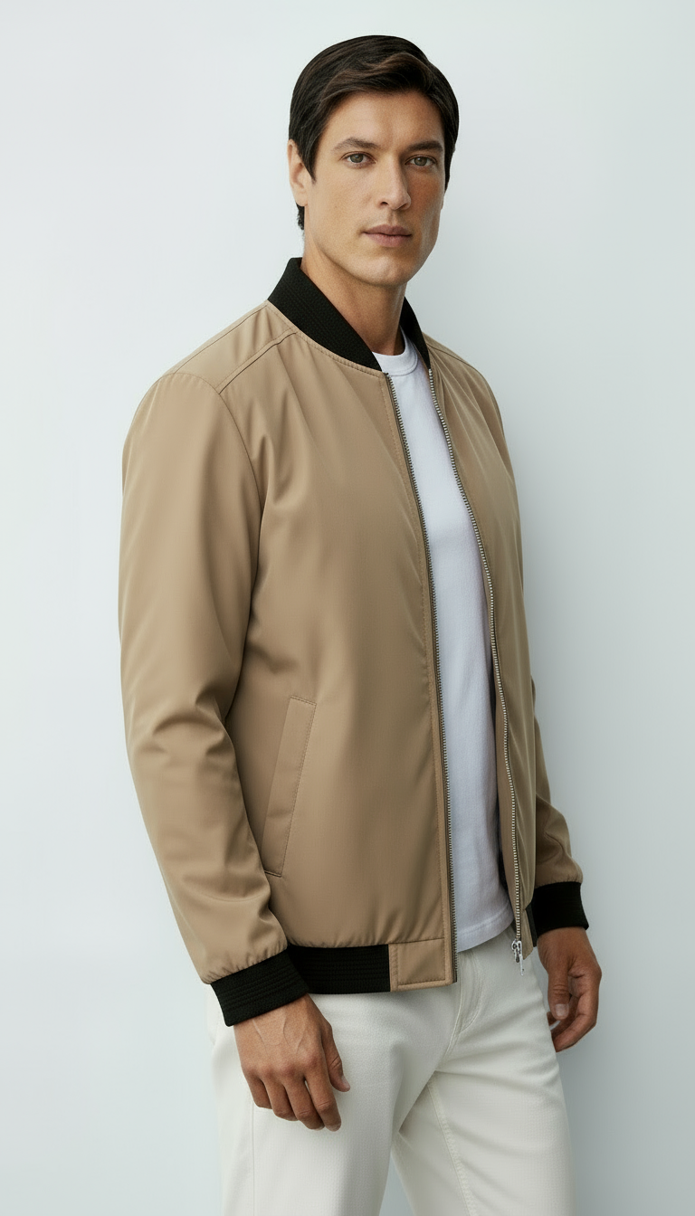 Blouson bombardier zippé pour hommes avec bordures côtelées et poches sur les manches