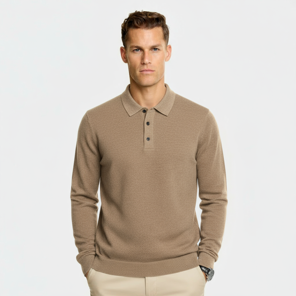 Maglione da uomo in misto lana con collo polo – Maglia a girocollo regular fit con bordi a coste e patta con tre bottoni