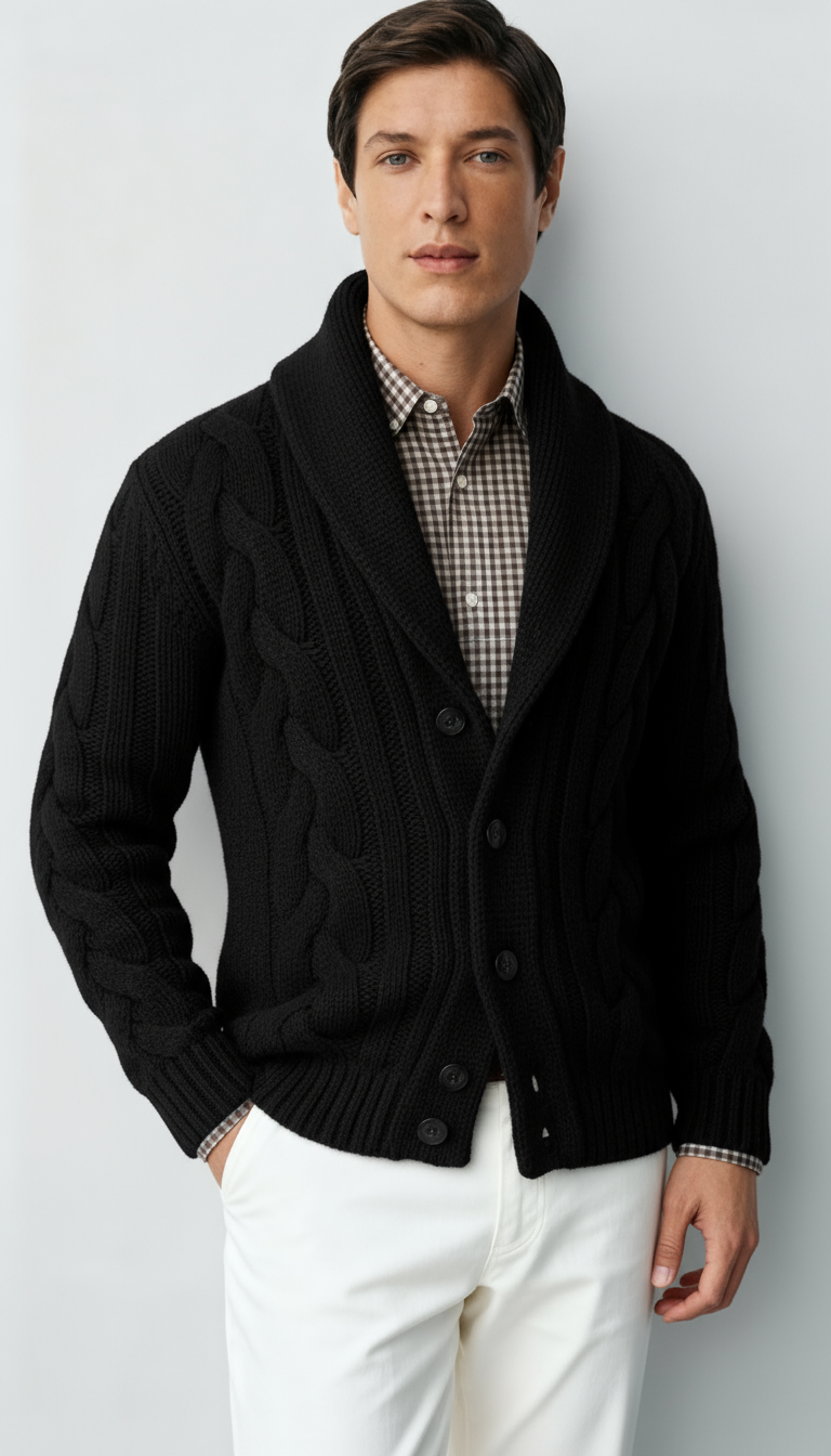 Cardigan en maille torsadée pour homme en mélange de laine – Pull boutonné à col châle