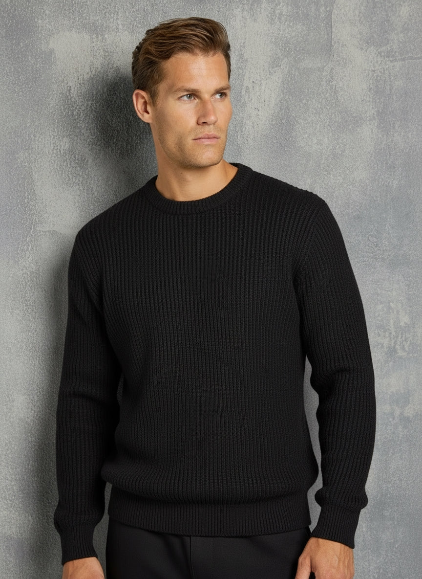 Zwarte geribde herentrui - Sweater met ronde hals en relaxte pasvorm