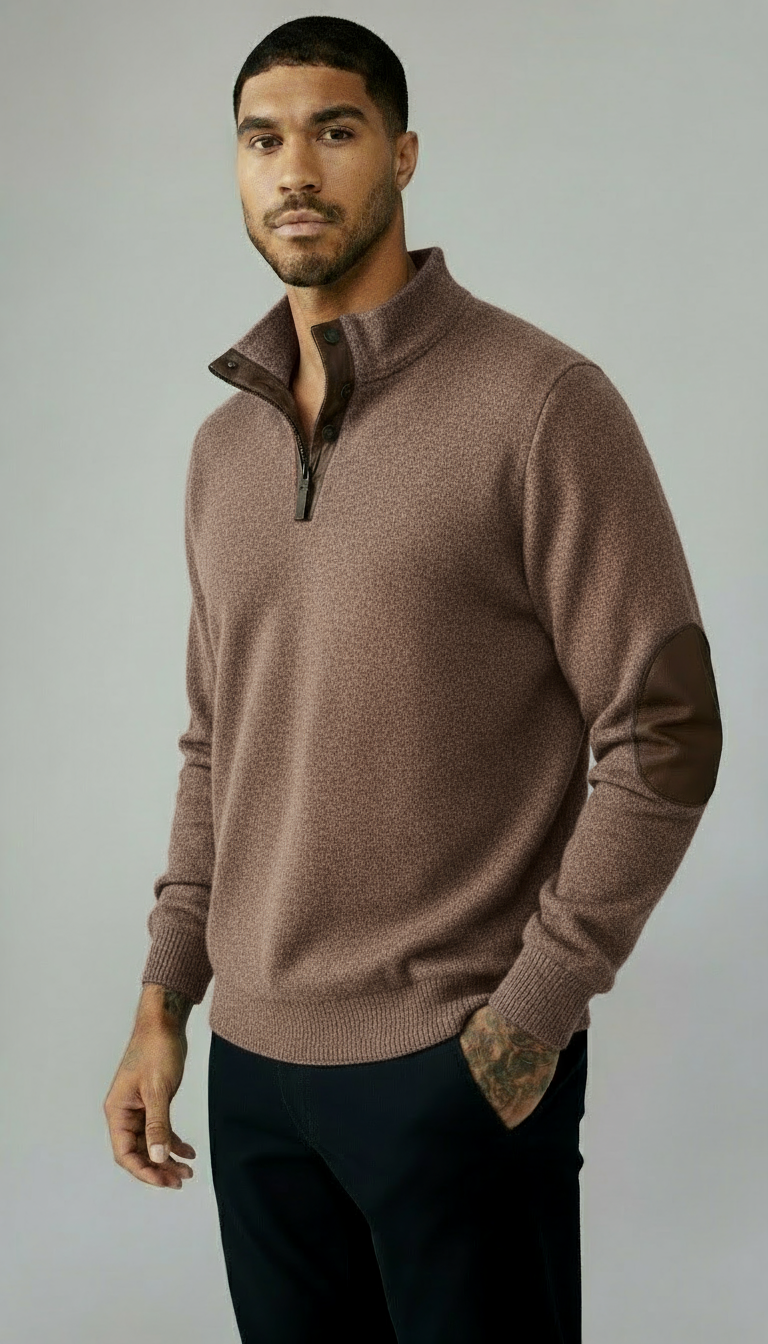 Pull homme à col boutonné - Pull avec col montant et empiècements au niveau des coudes