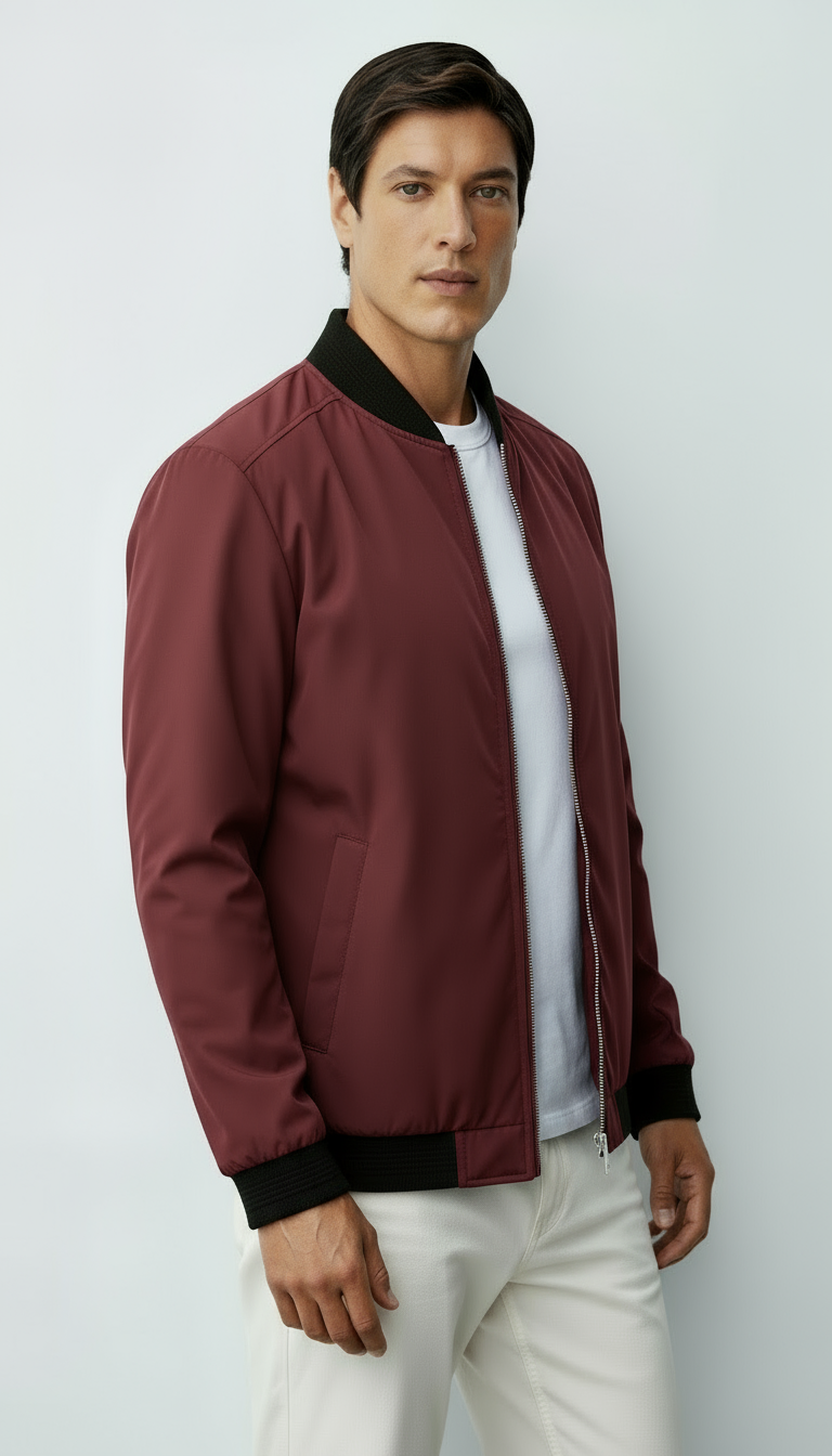 Blouson bombardier zippé pour hommes avec bordures côtelées et poches sur les manches