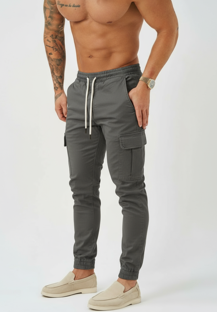 Pantalon cargo pour homme - Taille à cordon de serrage et poignets élastiques - Pantalon utilitaire à coupe fuselée et poches multiples