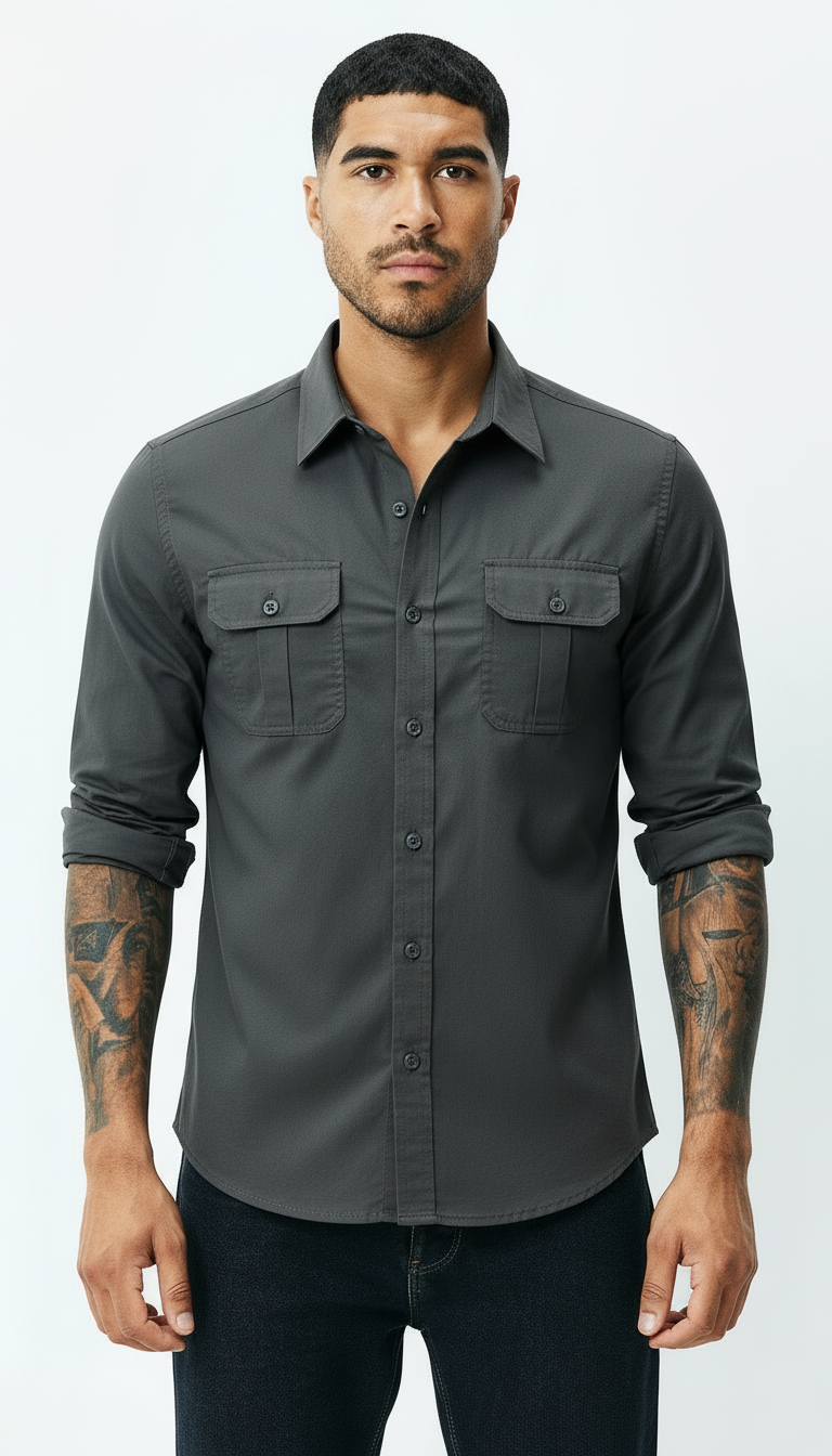 Camicia Utility da uomo - Colletto classico Button-Up con tasche ad aletta - abbigliamento da lavoro elegante e casual con texture