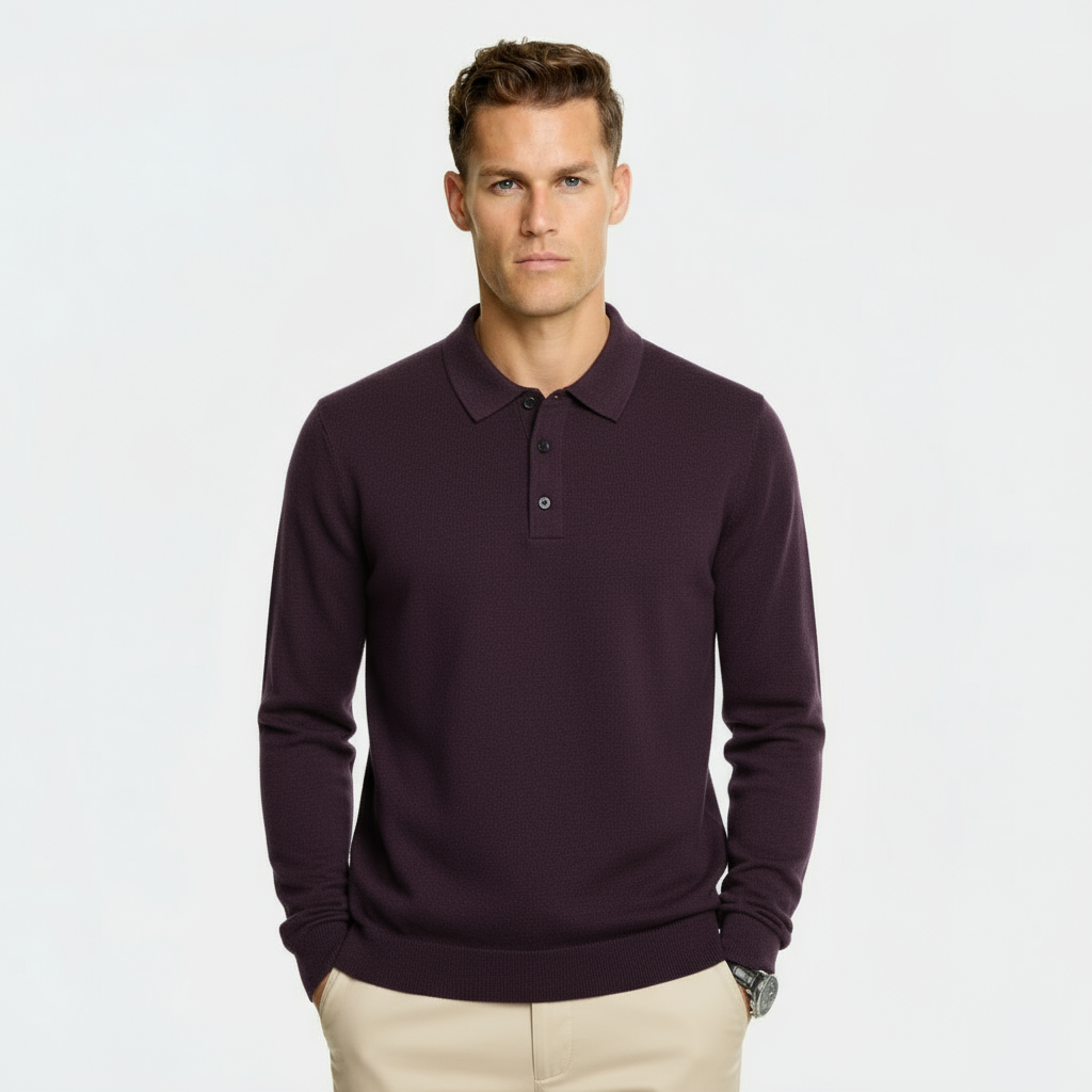 Maglione da uomo in misto lana con collo polo – Maglia a girocollo regular fit con bordi a coste e patta con tre bottoni