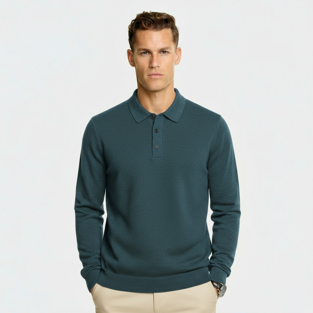 Maglione da uomo in misto lana con collo polo – Maglia a girocollo regular fit con bordi a coste e patta con tre bottoni