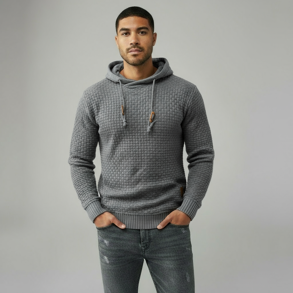 Men’s Textured Knit Hoodie - Adjustable Drawstring Hood & Ribbed Trim