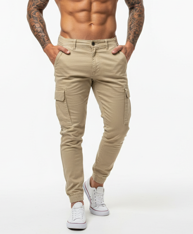 Pantalon cargo pour homme - Taille à cordon de serrage et poignets élastiques - Pantalon utilitaire à coupe fuselée et poches multiples