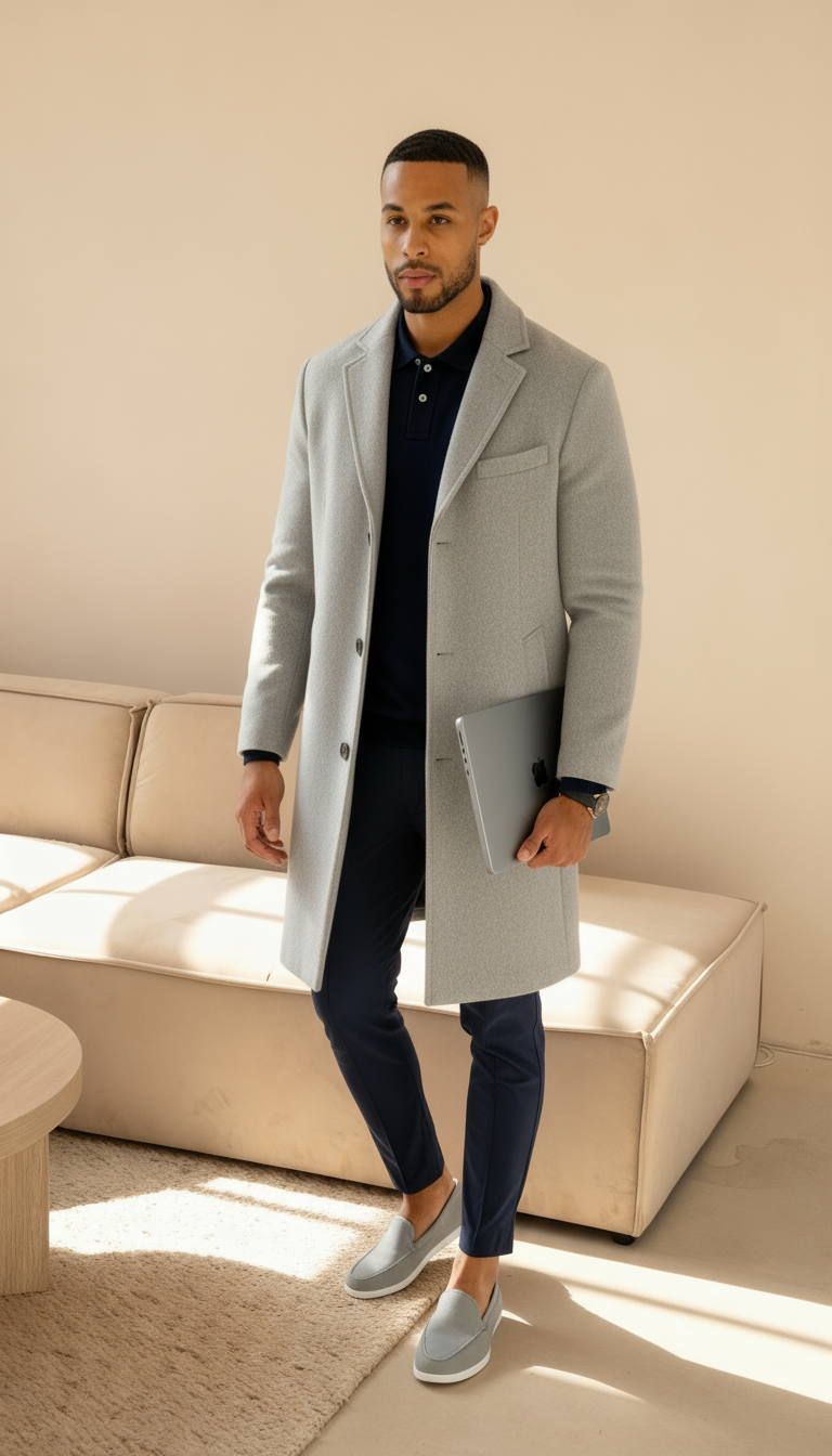 Cappotto sartoriale da uomo effetto lana – soprabito monopetto di media lunghezza con rever a lancia