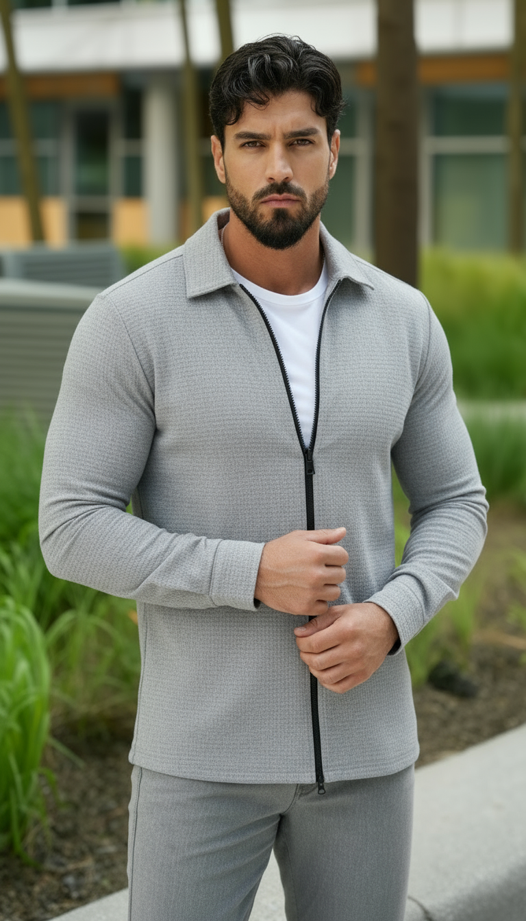 Chemise tissée texturée à manches longues pour homme – Chemise décontractée à fermeture éclair devant coupe régulière