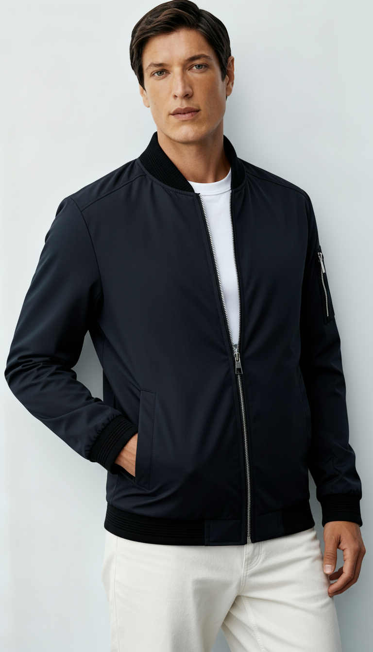 Blouson bombardier zippé pour hommes avec bordures côtelées et poches sur les manches