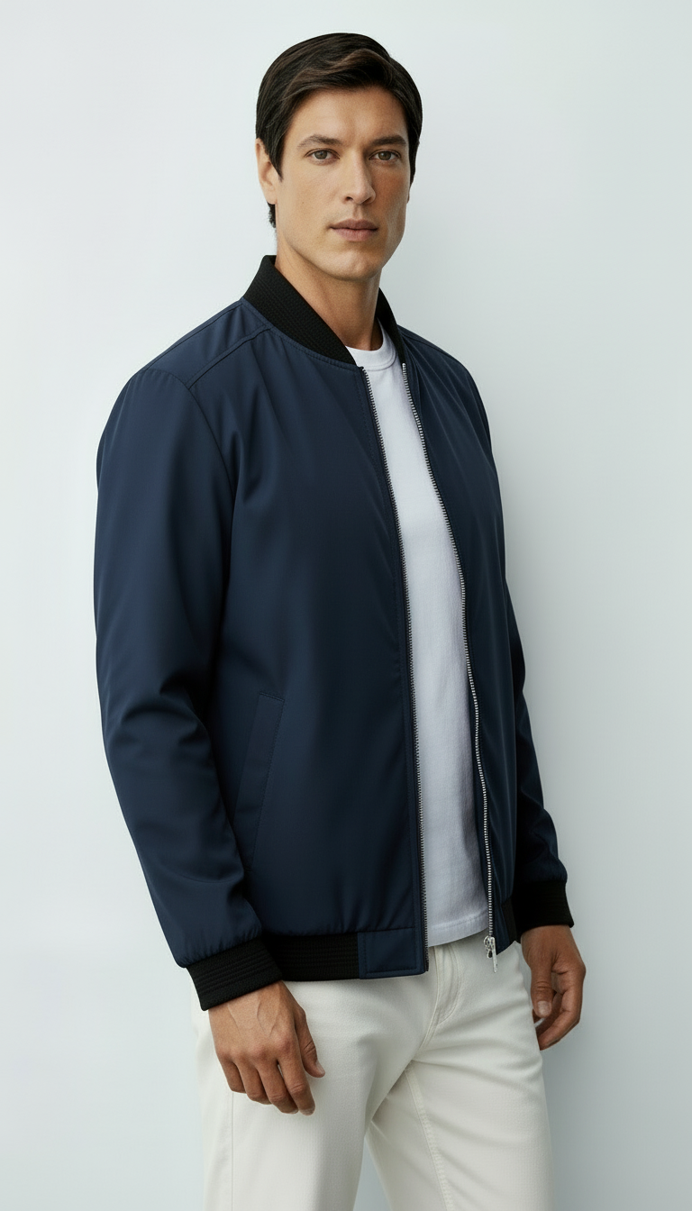 Blouson bombardier zippé pour hommes avec bordures côtelées et poches sur les manches