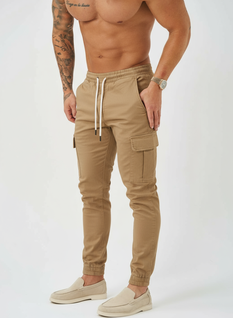 Pantalon cargo pour homme - Taille à cordon de serrage et poignets élastiques - Pantalon utilitaire à coupe fuselée et poches multiples