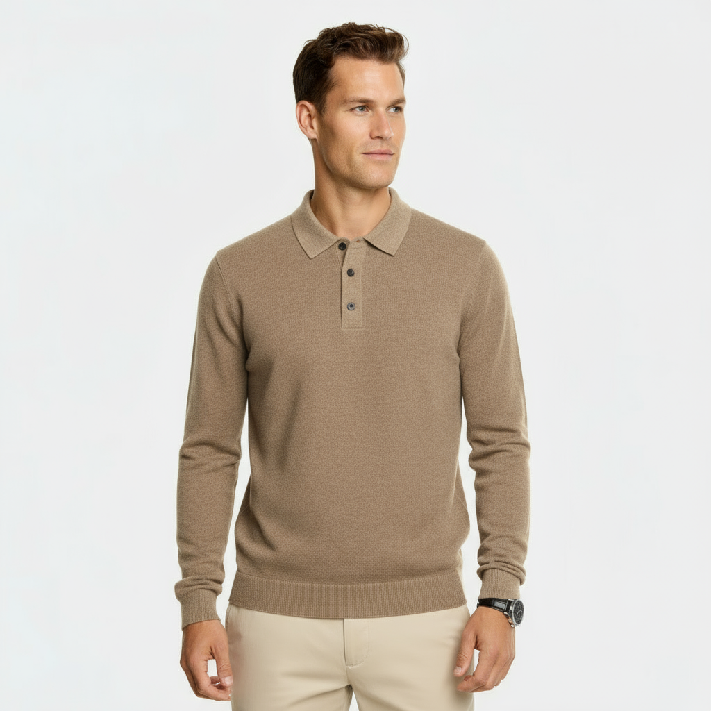 Maglione da uomo in misto lana con collo polo – Maglia a girocollo regular fit con bordi a coste e patta con tre bottoni