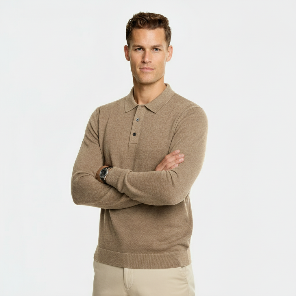 Heren wollen mix polokraag trui – regular fit gebreide pullover met geribbelde randen en drieknopenbies