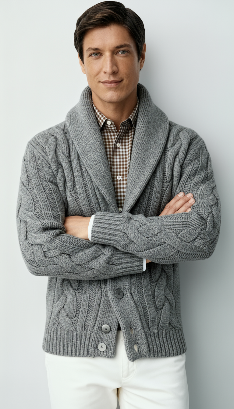 Cardigan en maille torsadée pour homme en mélange de laine – Pull boutonné à col châle