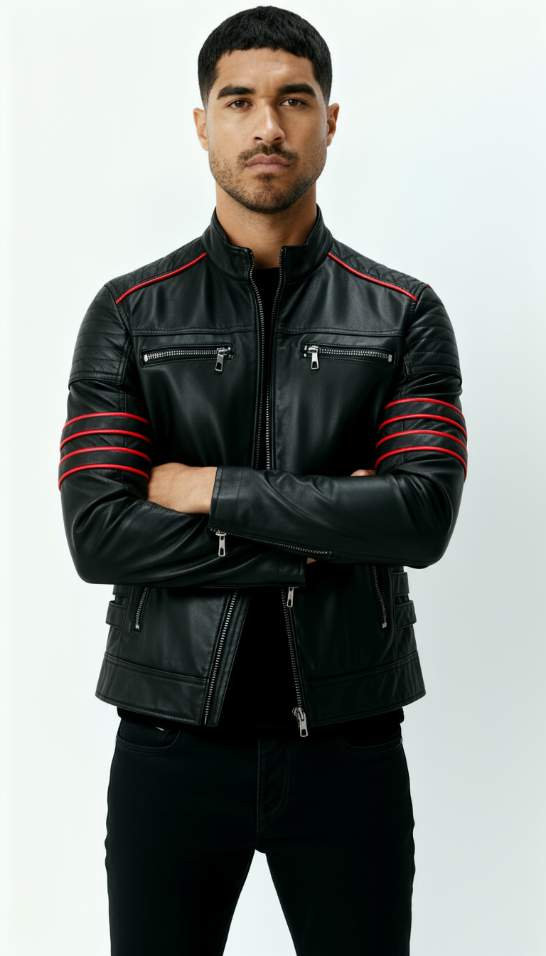Schwarze Lederjacke für Herren - Biker-Outfit im Wolverine-Stil mit roten Streifen-Akzenten