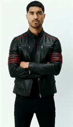 Schwarze Lederjacke für Herren - Biker-Outfit im Wolverine-Stil mit roten Streifen-Akzenten