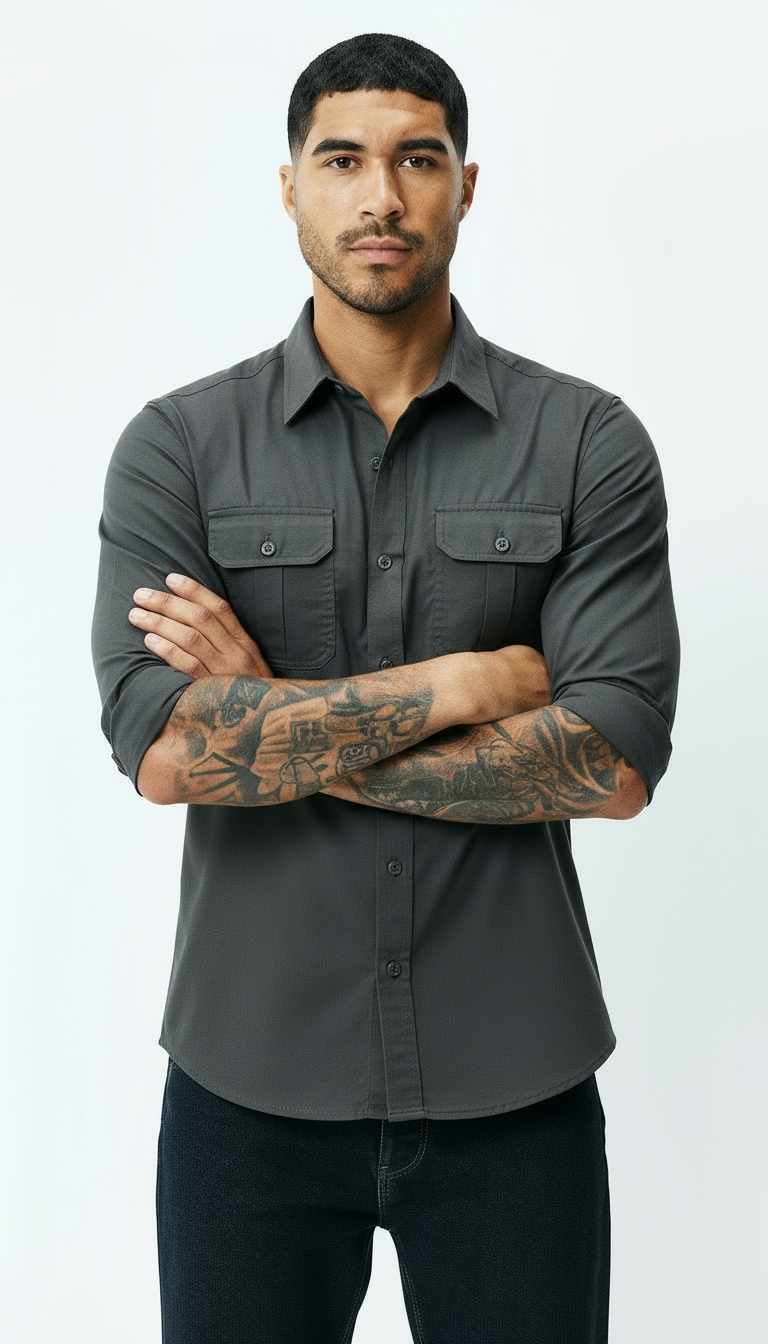 Camicia Utility da uomo - Colletto classico Button-Up con tasche ad aletta - abbigliamento da lavoro elegante e casual con texture