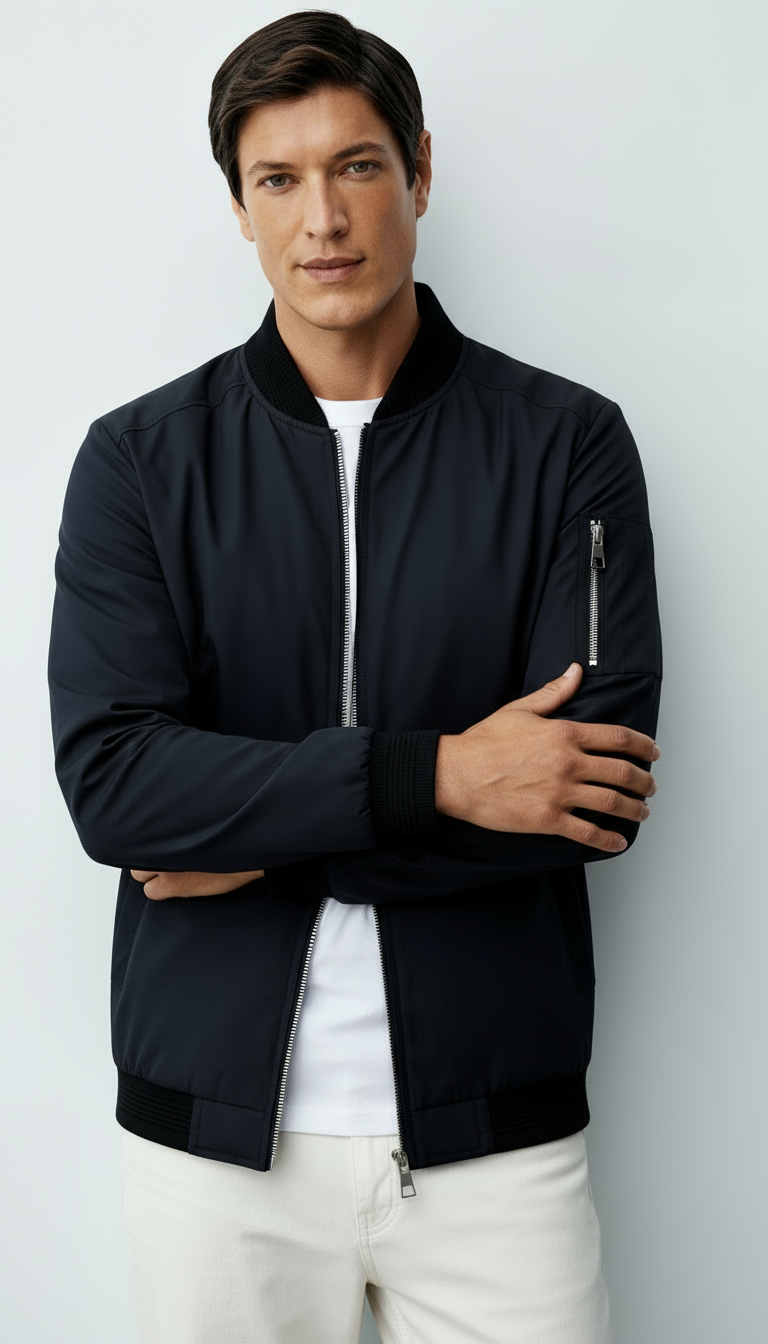 Blouson bombardier zippé pour hommes avec bordures côtelées et poches sur les manches