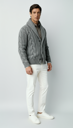 Cardigan en maille torsadée pour homme en mélange de laine – Pull boutonné à col châle