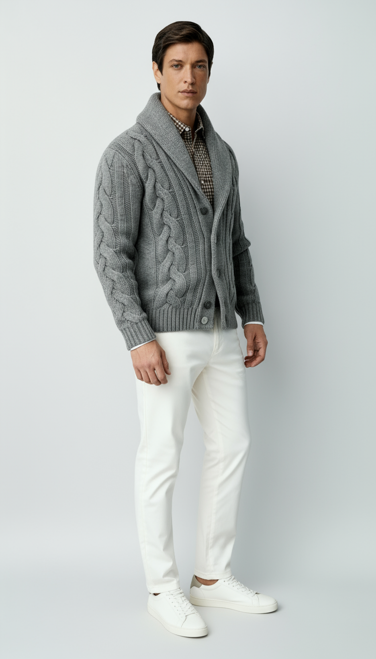 Cardigan da uomo in misto lana con trecce – Maglione con collo sciallato e bottoni